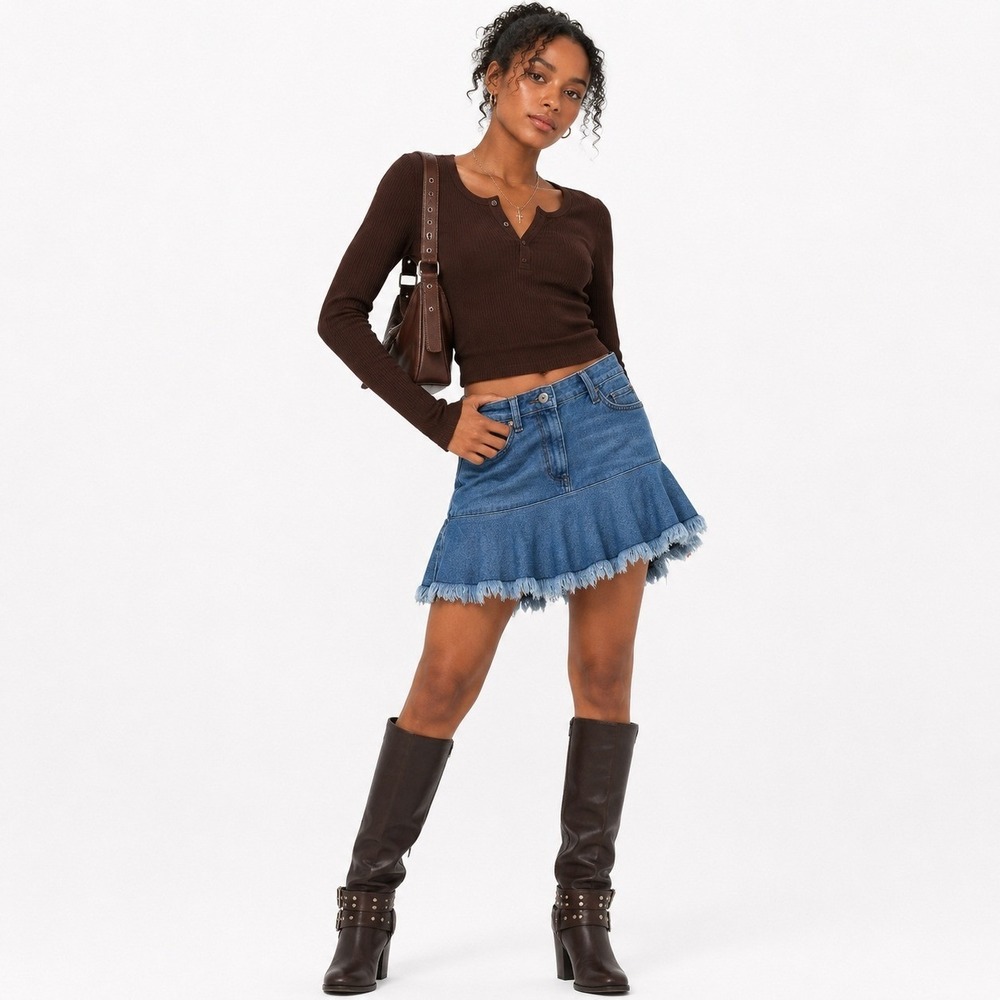 Arizona Jean Co Ruffle Raw Fringe Denim Mini Skirt Blue Boho Asymmetrical Size 3